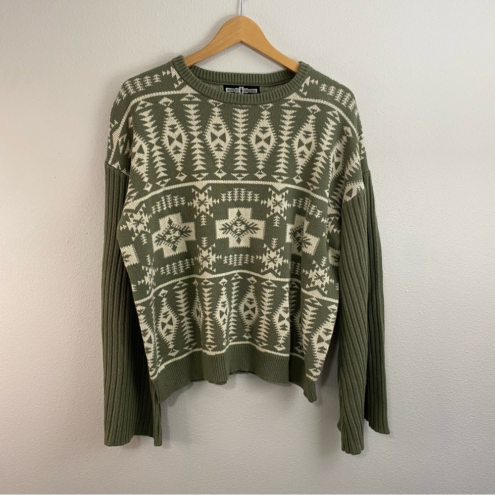 Rowdy Crowd Norwegian Print Outdoor Pine Green and White Crewneck Sweater XL